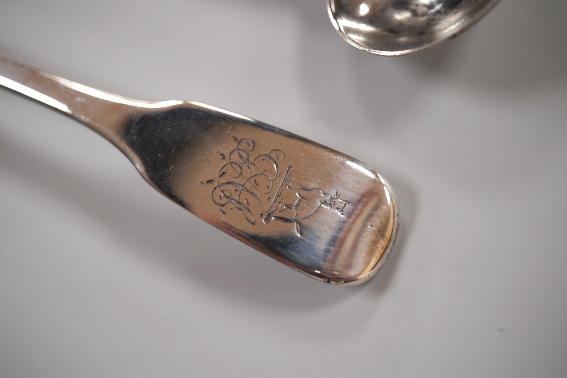 A pair of early Victorian silver cauldron salts, by John Tapley, London, 1838, with later blue glass liners, diameter 94mm, together with a pair of George IV silver Old English pattern condiment spoons, London, 1828.
